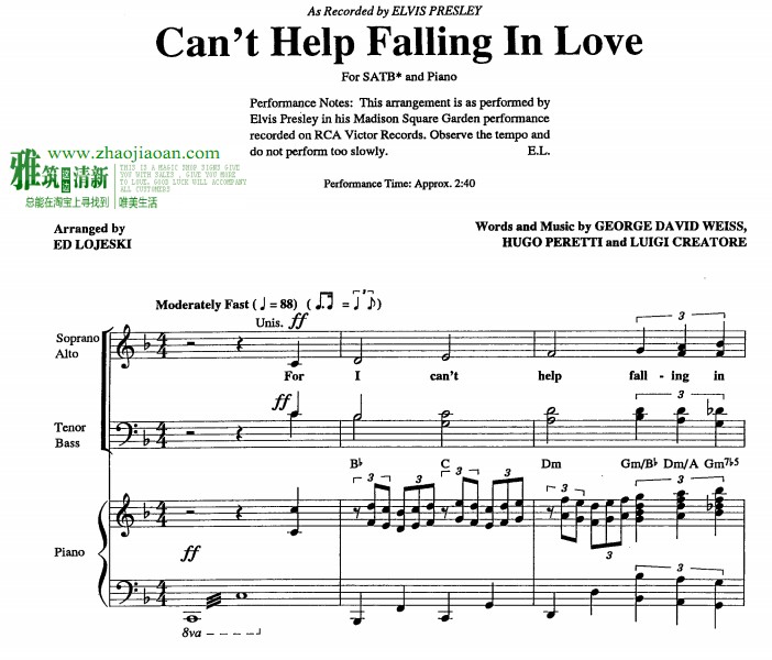 can't help falling in love SATB合唱钢琴伴奏谱