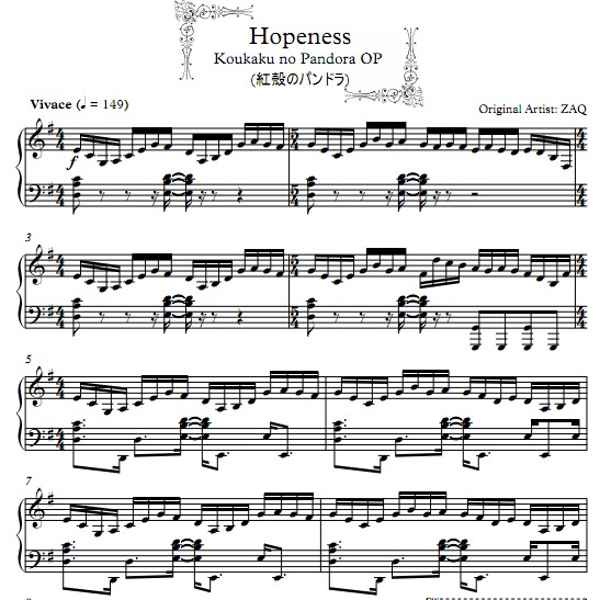 红壳的潘多拉Koukaku no Pandora OP Hopeness钢琴谱