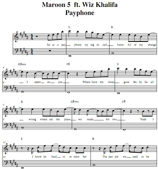 Maroon 5 Payphone钢琴伴奏谱