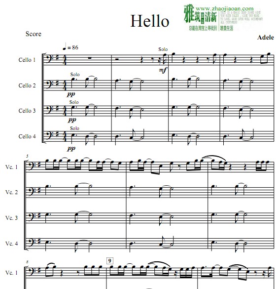 阿黛尔 hello 大提琴四重奏谱