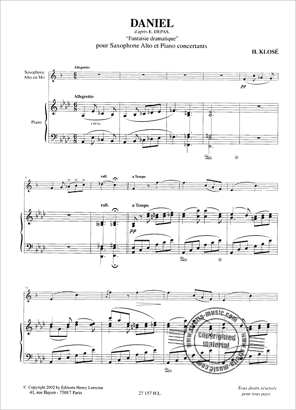 Hyacinthe Klose: Daniel (Fantaisie dramatique d'apres E. Depas)萨克斯谱 钢琴伴奏谱