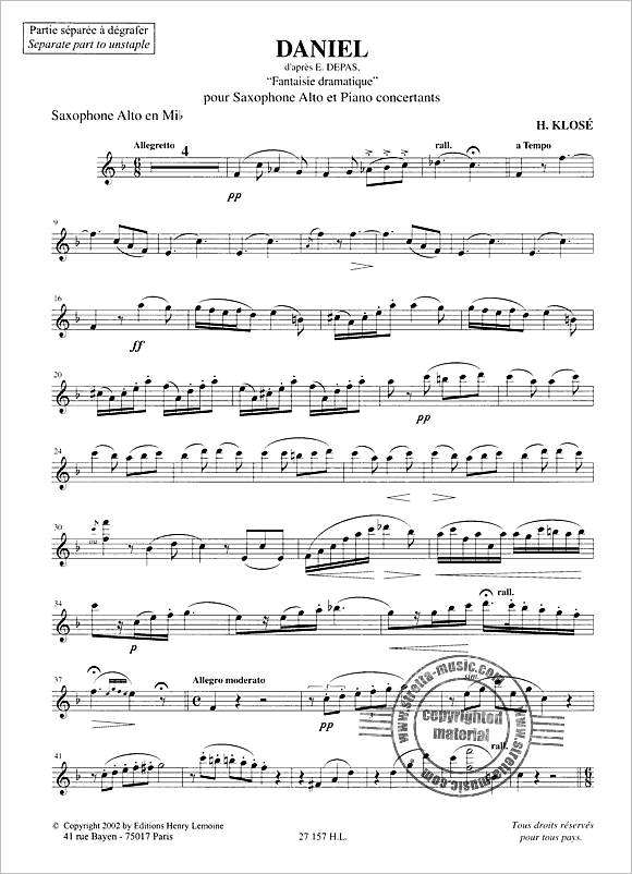 Hyacinthe Klose: Daniel (Fantaisie dramatique d'apres E. Depas)萨克斯谱 钢琴伴奏谱