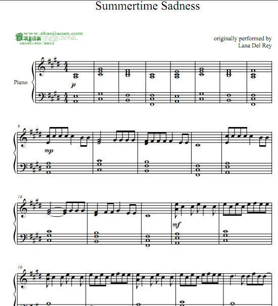 Lana Del Rey  Summertime Sadness钢琴谱
