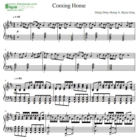 skylar grey coming home钢琴谱