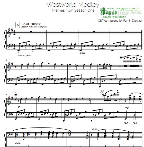 西部世界钢琴谱 8首混编Medley