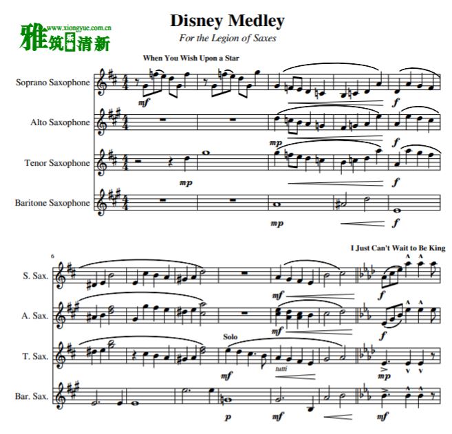 Disney Medley 迪士尼串烧萨克斯四重奏谱 