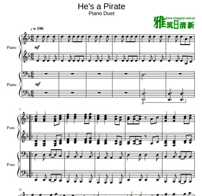 加勒比海盗 He's a Pirate四手联弹钢琴谱 总谱+分谱