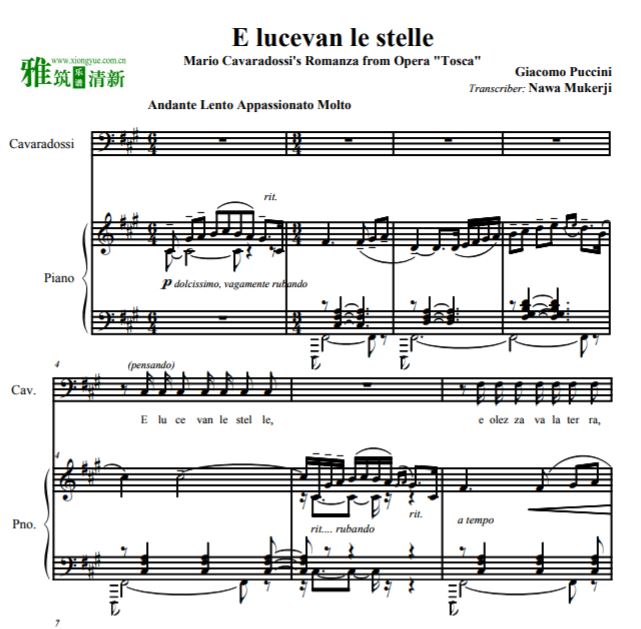 普契尼 托斯卡Puccini-Tosca E lucevan le stelle 星光灿烂声乐钢琴伴奏谱