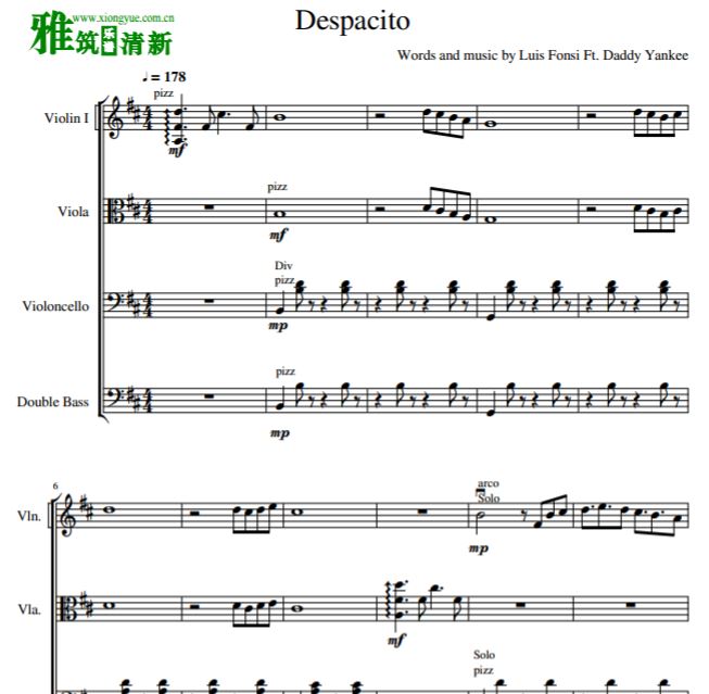 Despacito弦乐四重奏谱 小提大提琴中提琴琴低音提琴合奏