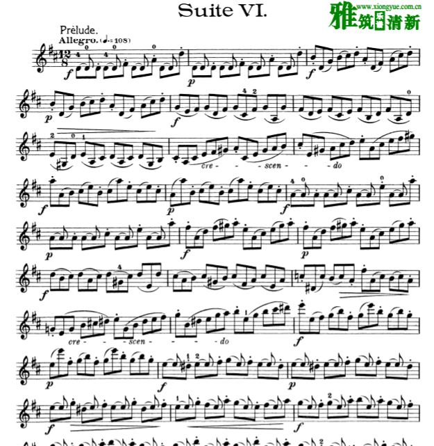 巴赫D大调第六号无伴奏大提琴组曲 BWV 1012小提琴独奏谱