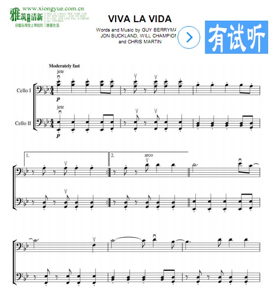 2Cellos Viva la vida大提琴二重奏谱