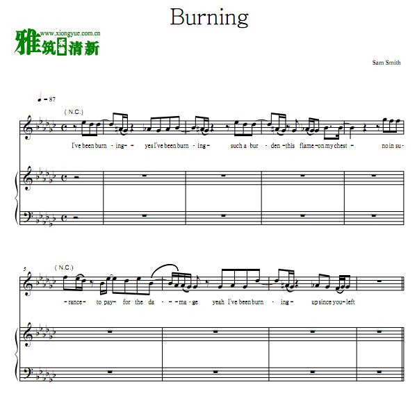 sam smith burning钢琴谱