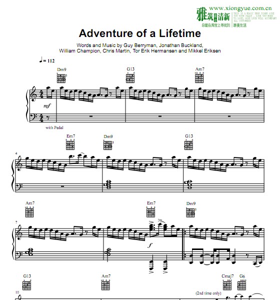Coldplay - Adventures of a Lifetime钢琴伴奏谱