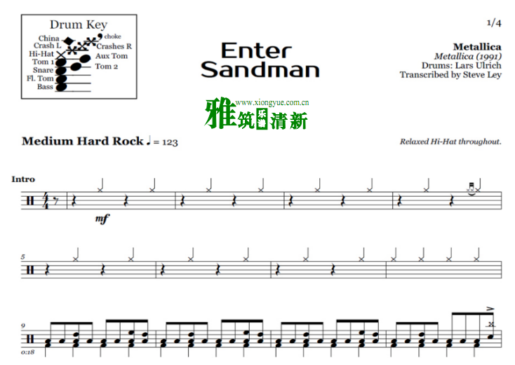 金属乐队 Metallica - Enter Sandman鼓谱