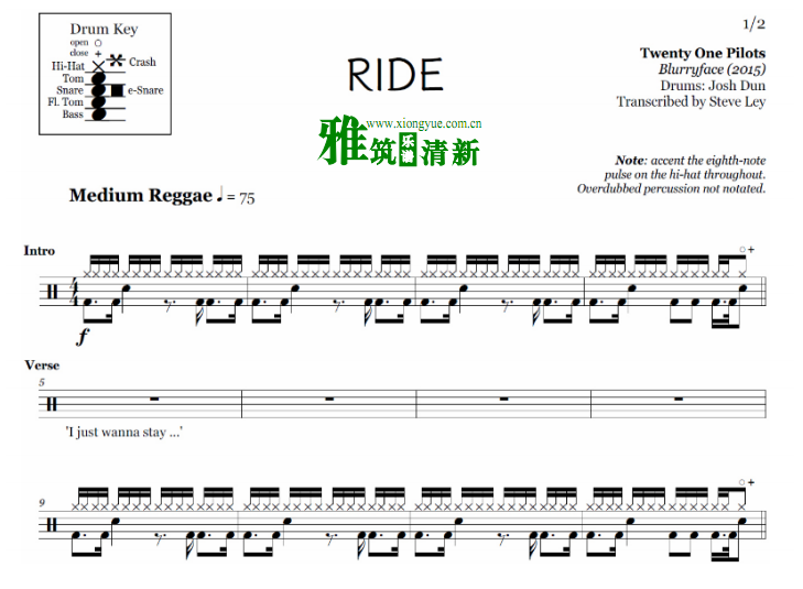 二十一名飞行员鼓谱 Twenty One Pilots - Ride鼓谱