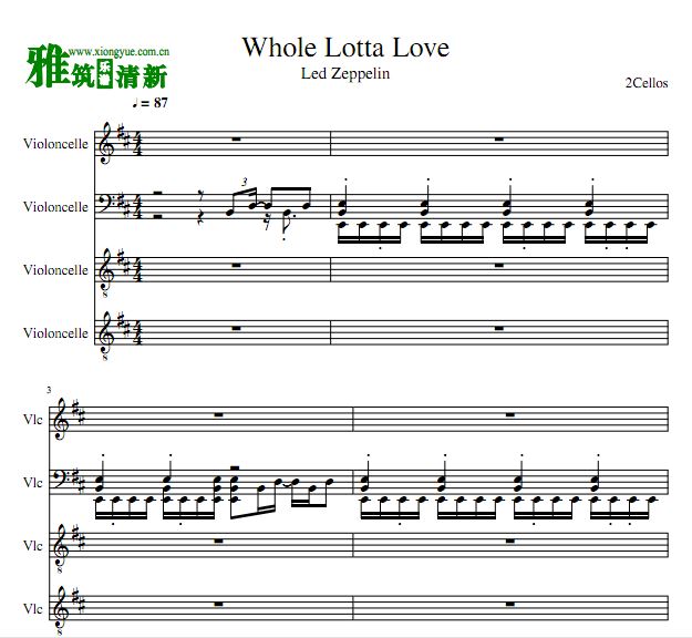 2cellos - Whole Lotta Love大提琴四重奏谱