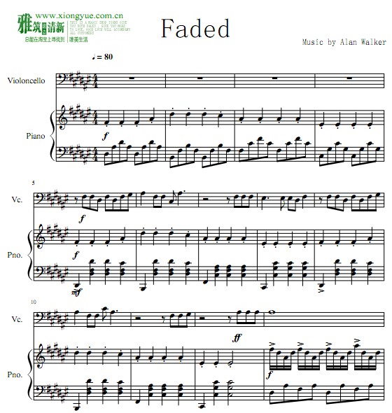 Faded 大提琴钢琴二重奏谱