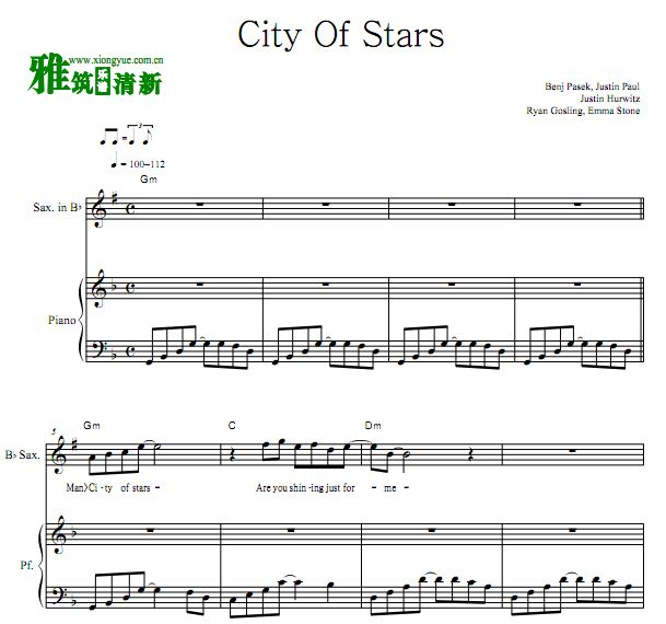 City Of Stars 降B萨克斯钢琴合奏谱