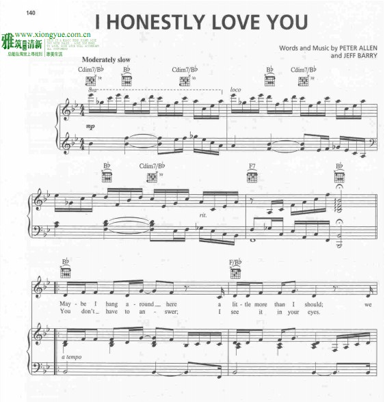 Olivia Newton Johnson - I Honestly Love You钢琴伴奏谱
