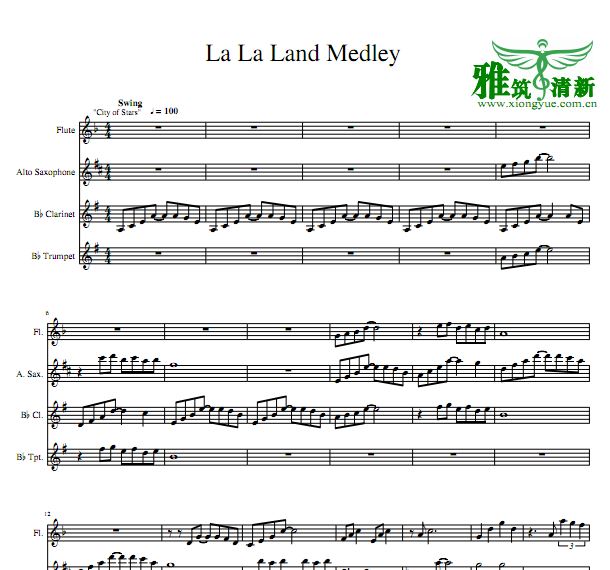 爱乐之城组曲La La Lnad Medley长笛萨克斯单簧管小号四重奏谱