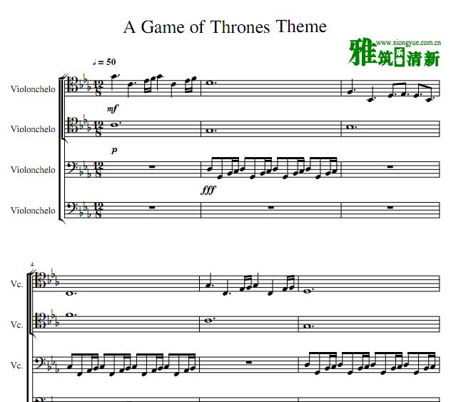 权力的游戏主题曲大提琴四重奏谱