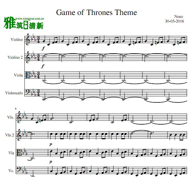 Game of Thrones权力的游戏主题曲弦乐四重奏谱