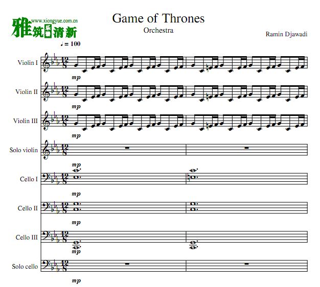 权力的游戏主题曲弦乐八重奏谱 四小提琴四大提琴合奏