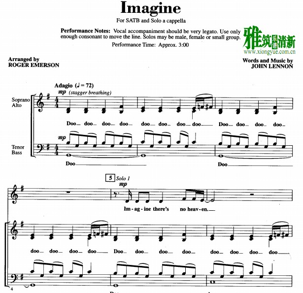 Imagine阿卡贝拉谱 SATB