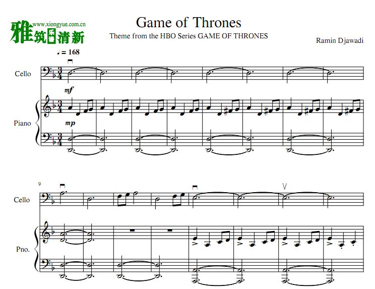 Game of Thrones权力的游戏主题曲大提琴钢琴二重奏谱