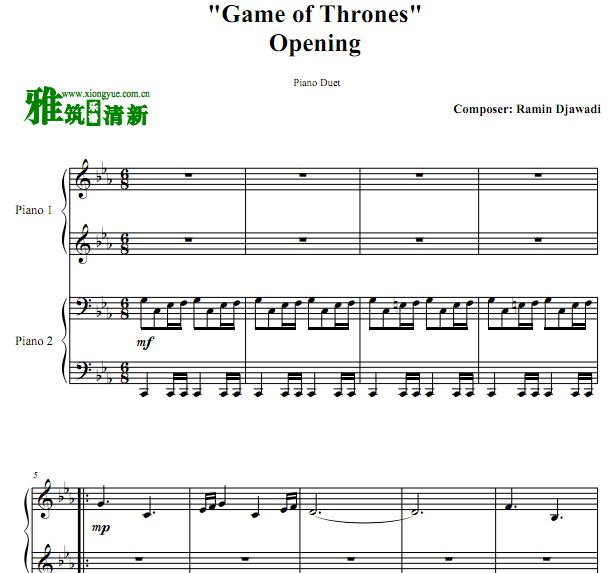 权力的游戏片头曲四手联弹钢琴谱