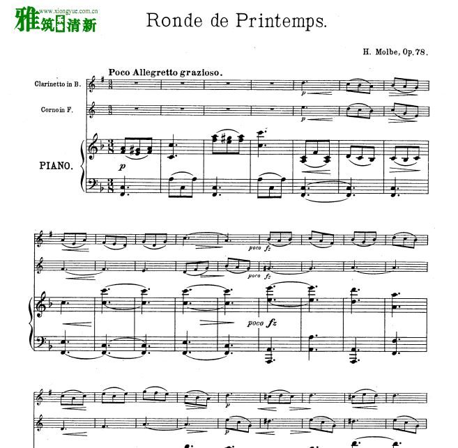 H.Molbe - Ronde de Printemps Op.78圆号单簧管钢琴三重奏谱