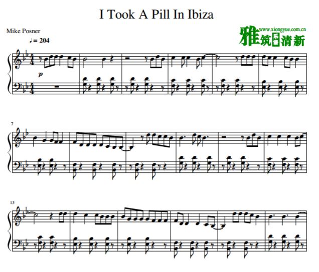 Mike Posner - I Took A Pill In Ibiza钢琴独奏谱