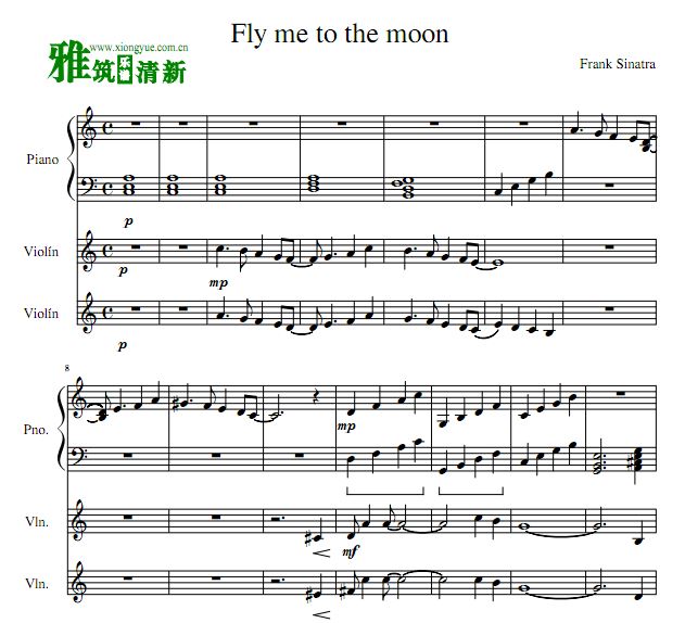 Fly Me To The Moon双小提琴钢琴三重奏谱
