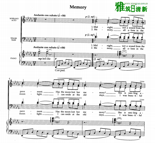 音乐剧CATS 猫 Memory SATB混声合唱钢琴伴奏谱