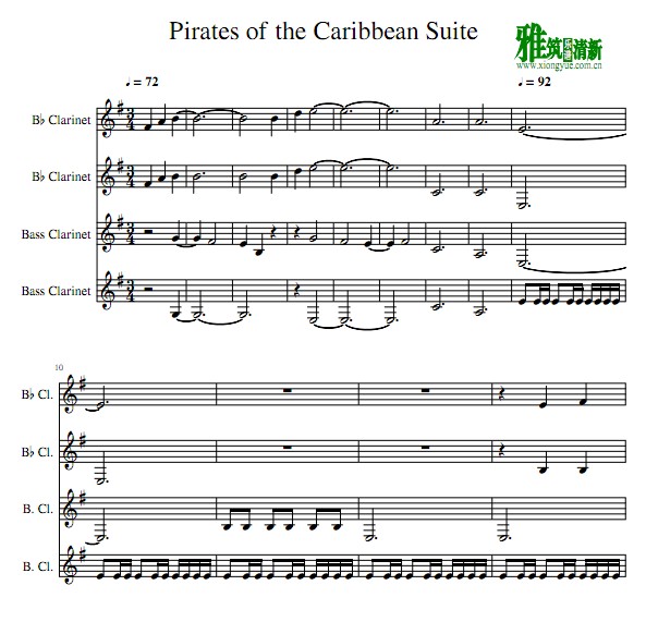 加勒比海盗 Pirates of the Caribbean单簧管四重奏谱