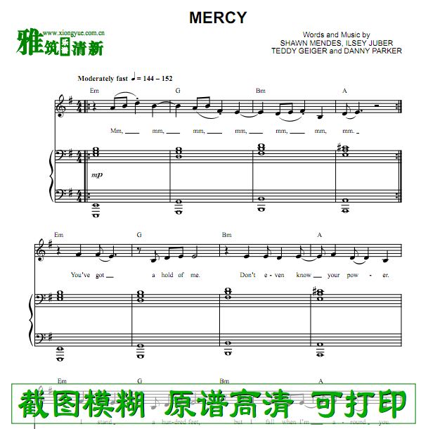Shawn Mendes - Mercy钢琴弹唱谱