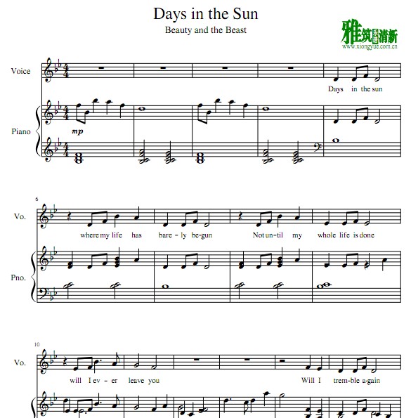 美女与野兽 days in the sun钢琴伴奏谱