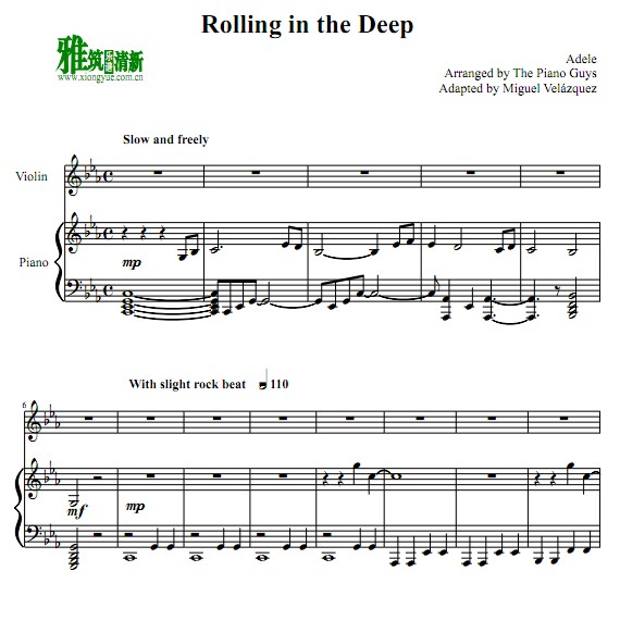 Piano Guys版 Rolling in the Deep Piano小提琴钢琴重奏谱