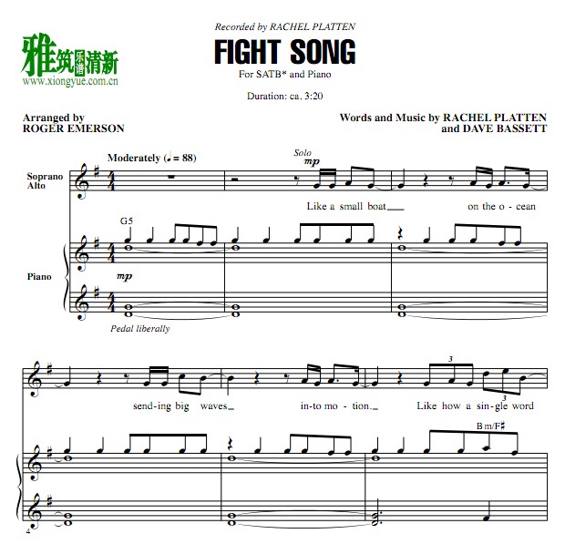 fight song 四声部合唱钢琴伴奏谱