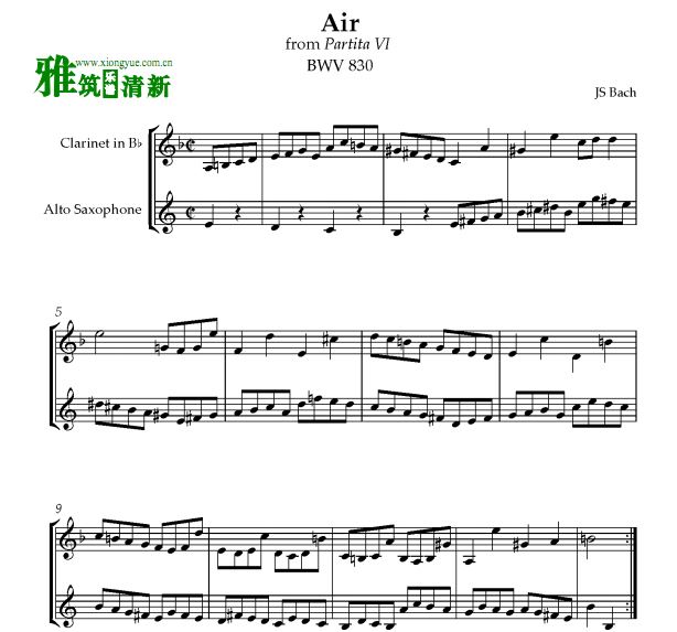巴赫 帕蒂塔bwv830 Air 萨克斯黑管二重奏谱