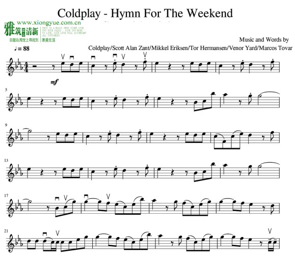 Hymn For The Weekend 小提琴谱