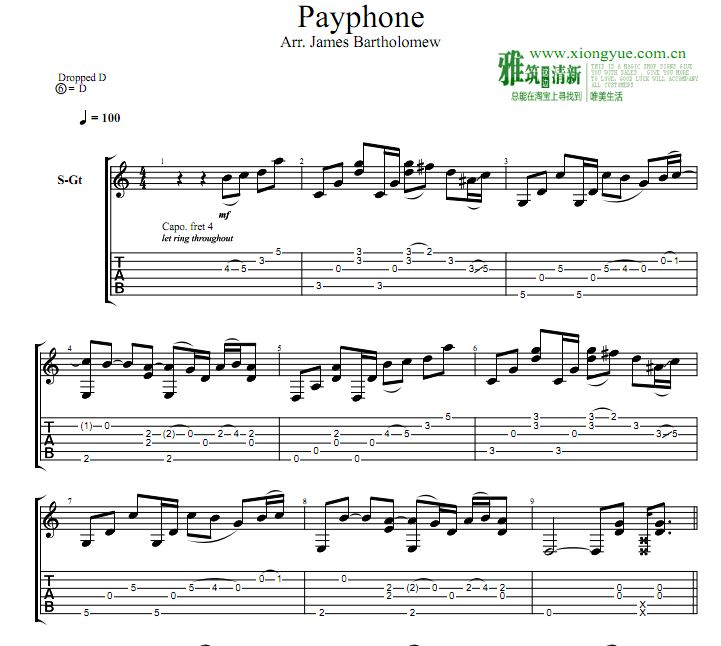 James Bartholomew 版Payphone指弹吉他谱