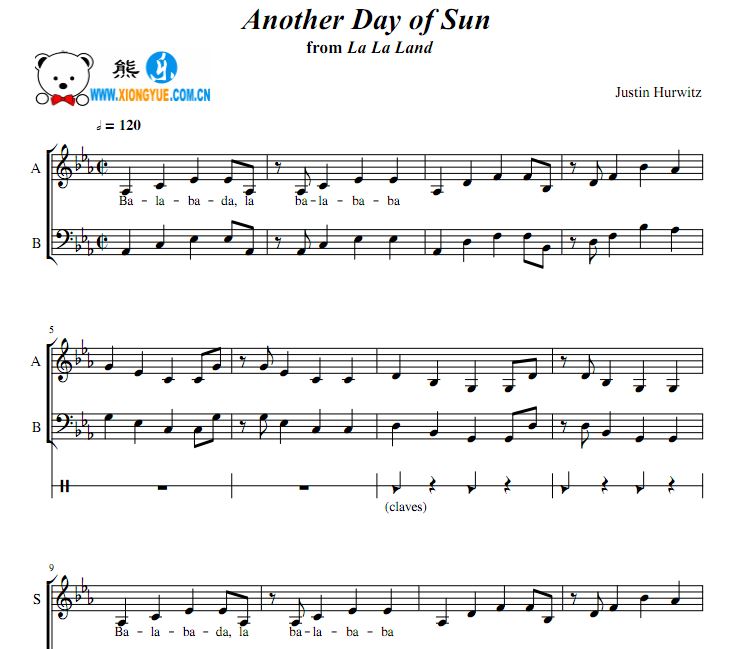爱乐之城 Another Day of Sun阿卡贝拉合唱谱