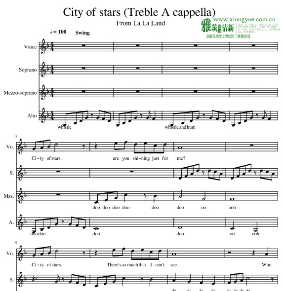 爱乐之城City of stars混声合唱谱 无伴奏合唱谱