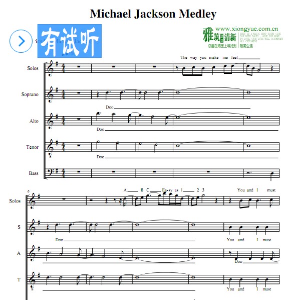 Michael Jackson Medley迈克尔杰克逊 串烧阿卡贝拉谱 a cappella