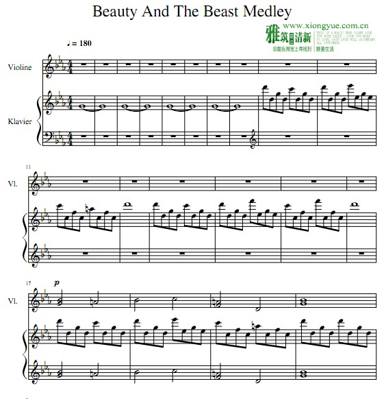 美女与野兽Beauty and the Beast串烧小提琴钢琴重奏谱