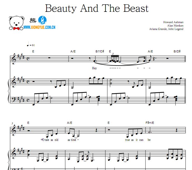 电影美女与野兽主题曲钢琴谱 Beauty And The Beast钢琴谱