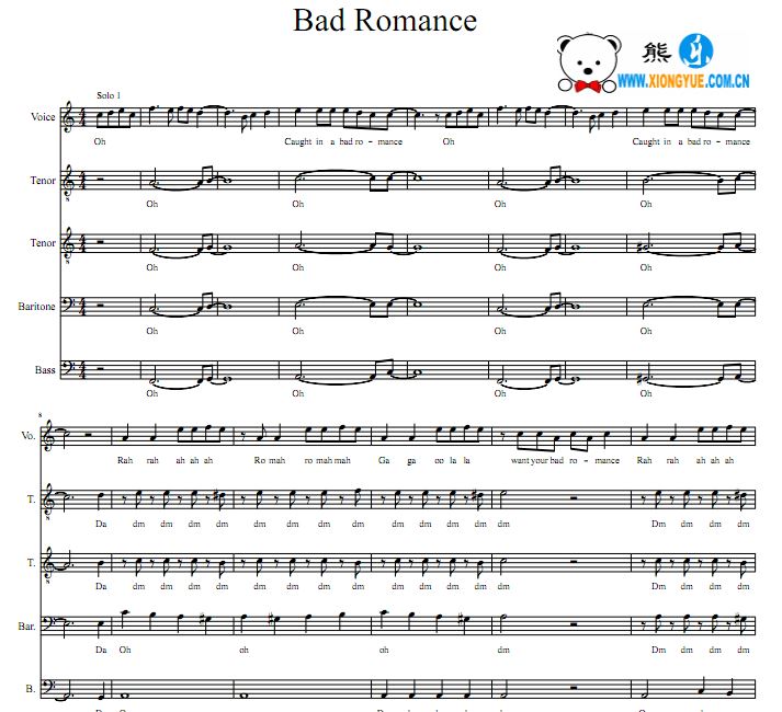 Lady Gaga - Bad Romance Acappella无伴奏合唱谱