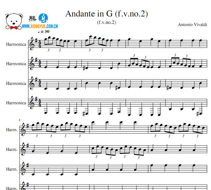 G调行板 Andante in G f.v.no.2口琴四重奏谱
