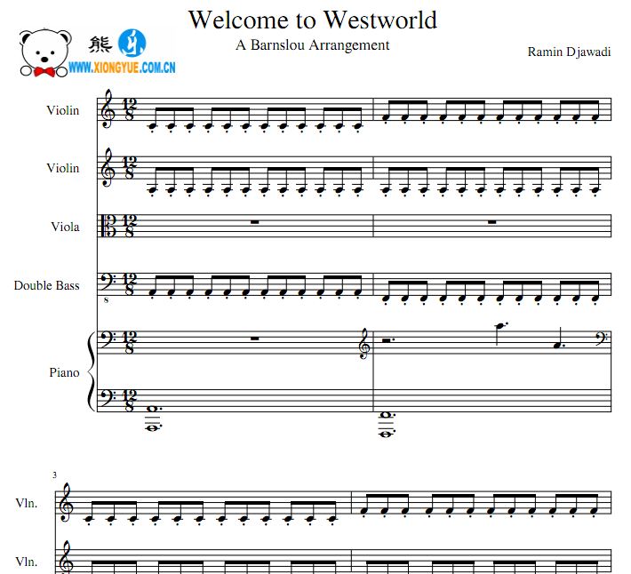 西部世界 Welcome To Westworld弦乐四重奏钢琴伴奏谱